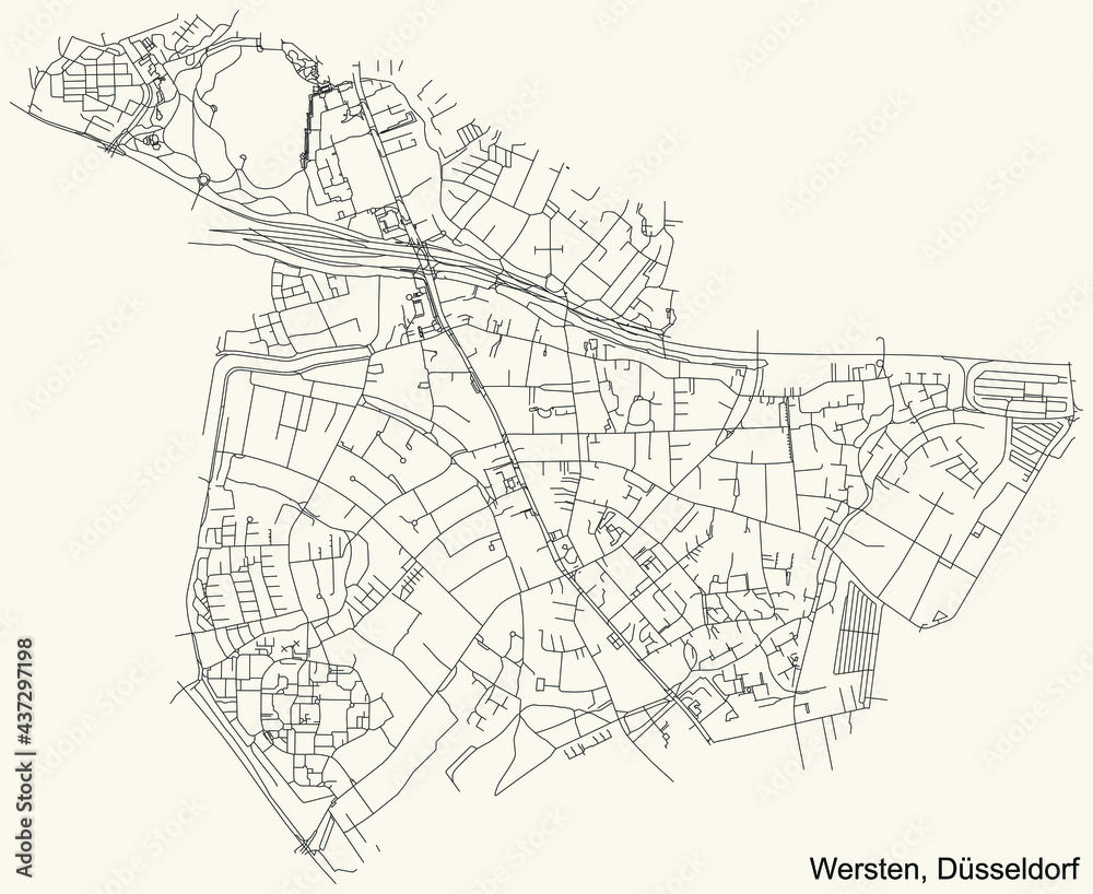 Black simple detailed street roads map on vintage beige background of the quarter Wersten Stadtteil of Düsseldorf, Germany