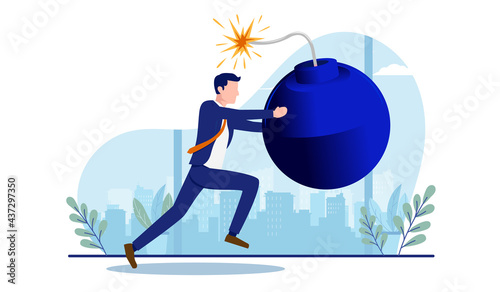 Business crisis and trouble - Businessman running in panic with bomb. Fear and problems concept, vector illustration with white background.