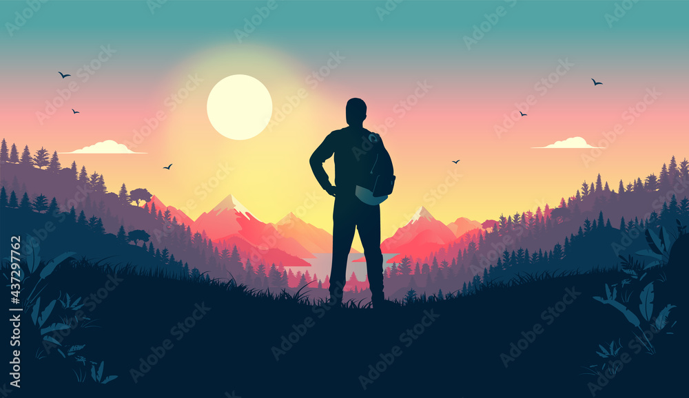 Man watching calm landscape with sunset alone - Silhouette of person standing with backpack in nature. The beauty of nature concept. Vector illustration. Man watching calm landscape with sunset alone - Silhouette of person standing with backpack in nature. The beauty of nature concept. Vector illustration.