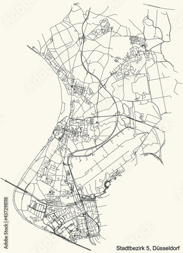 Black simple detailed street roads map on vintage beige background of the quarter Stadtbezirk 5 district of Düsseldorf, Germany