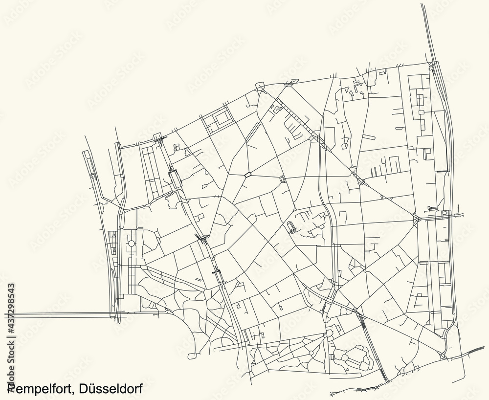 Black simple detailed street roads map on vintage beige background of the quarter Pempelfort Stadtteil of Düsseldorf, Germany