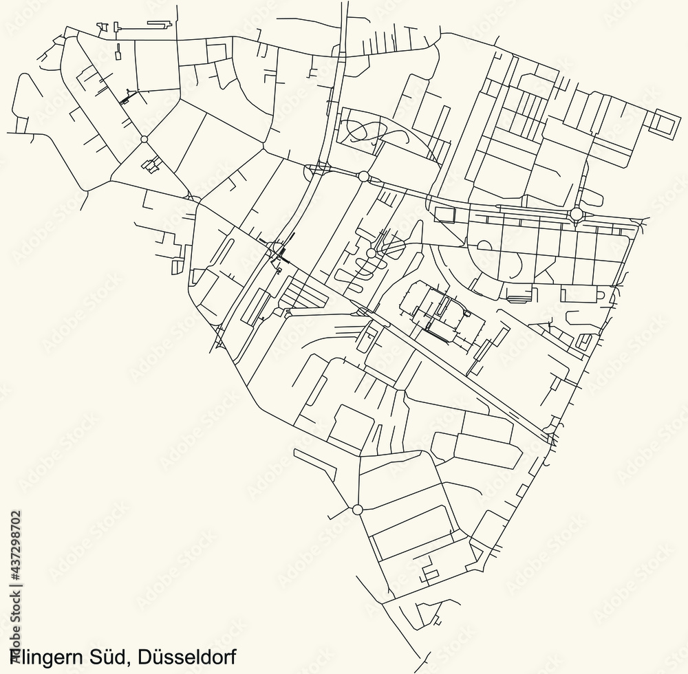 Black simple detailed street roads map on vintage beige background of the quarter Flingern Süd Stadtteil of Düsseldorf, Germany