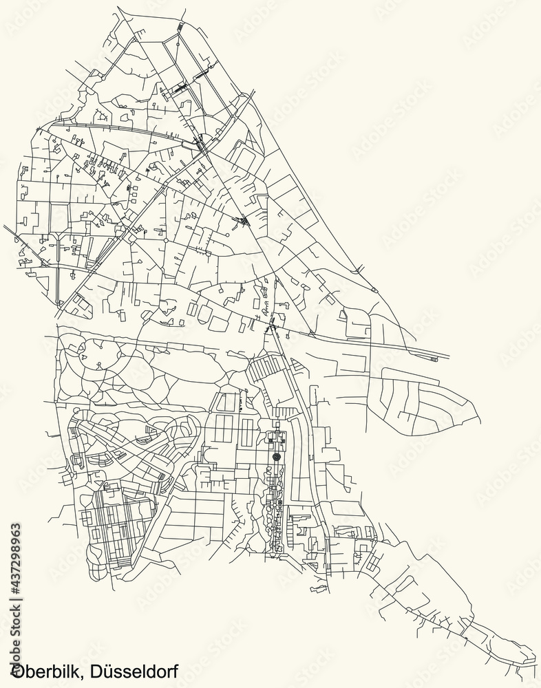 Black simple detailed street roads map on vintage beige background of the quarter Oberbilk Stadtteil of Düsseldorf, Germany