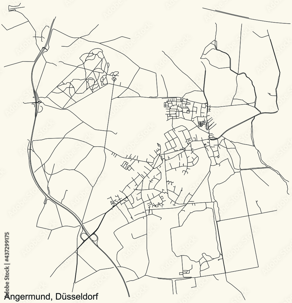 Fototapeta premium Black simple detailed street roads map on vintage beige background of the quarter Angermund Stadtteil of Düsseldorf, Germany