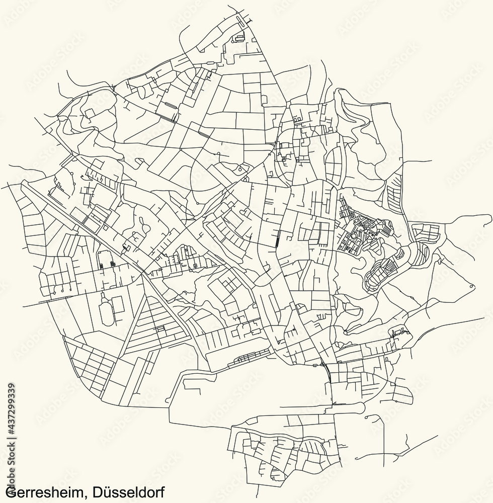 Black simple detailed street roads map on vintage beige background of the quarter Gerresheim Stadtteil of Düsseldorf, Germany