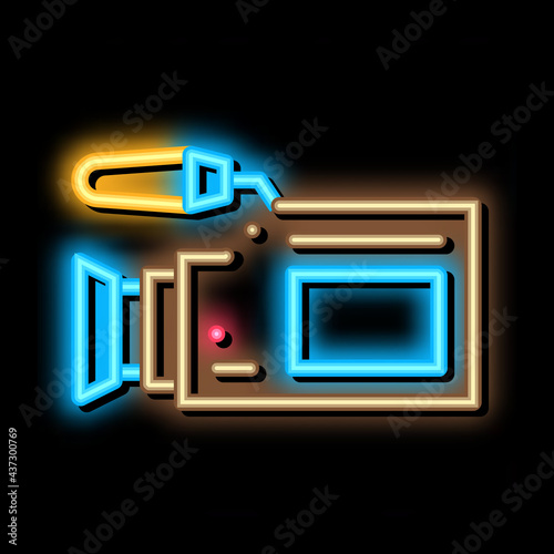 Video Camera Tool neon light sign vector. Glowing bright icon Video Camera Tool isometric sign. transparent symbol illustration