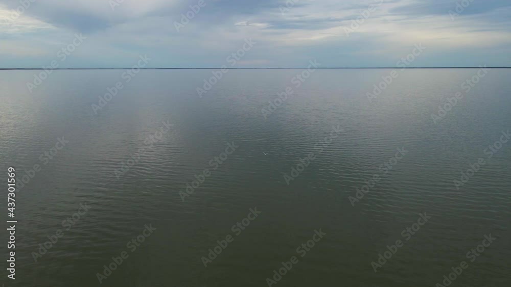 Drone flying above a vast lake with a cloudy sky. A seagull flies through the scene.
Drone flying above a vast lake with a cloudy sky. A seagull flies through the scene.