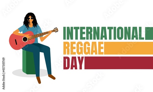 Vector illustration, Jamaican young man with dreadlocks, playing acoustic guitar, on colorful background, as poster or template, International Reggae Day.