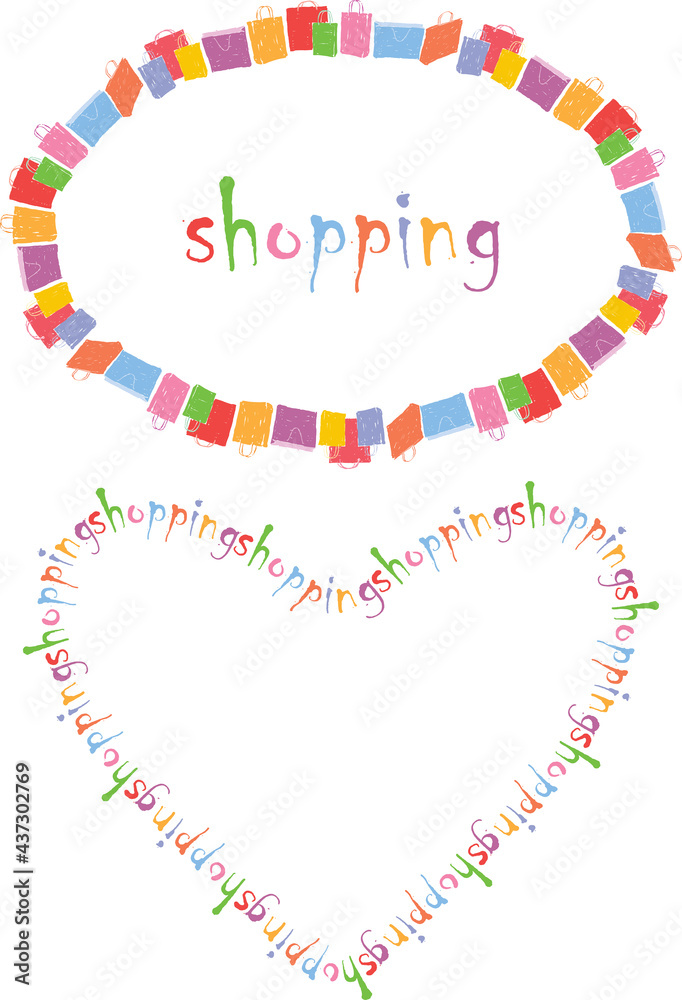 Decorative colorful frames from drawn shopping bags and letterings