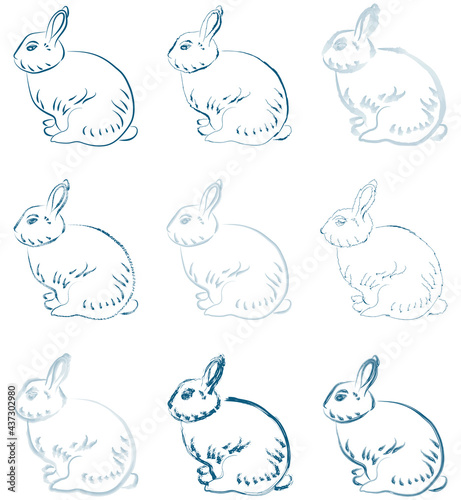 Outline drawings of rabbit in different graphic techniques