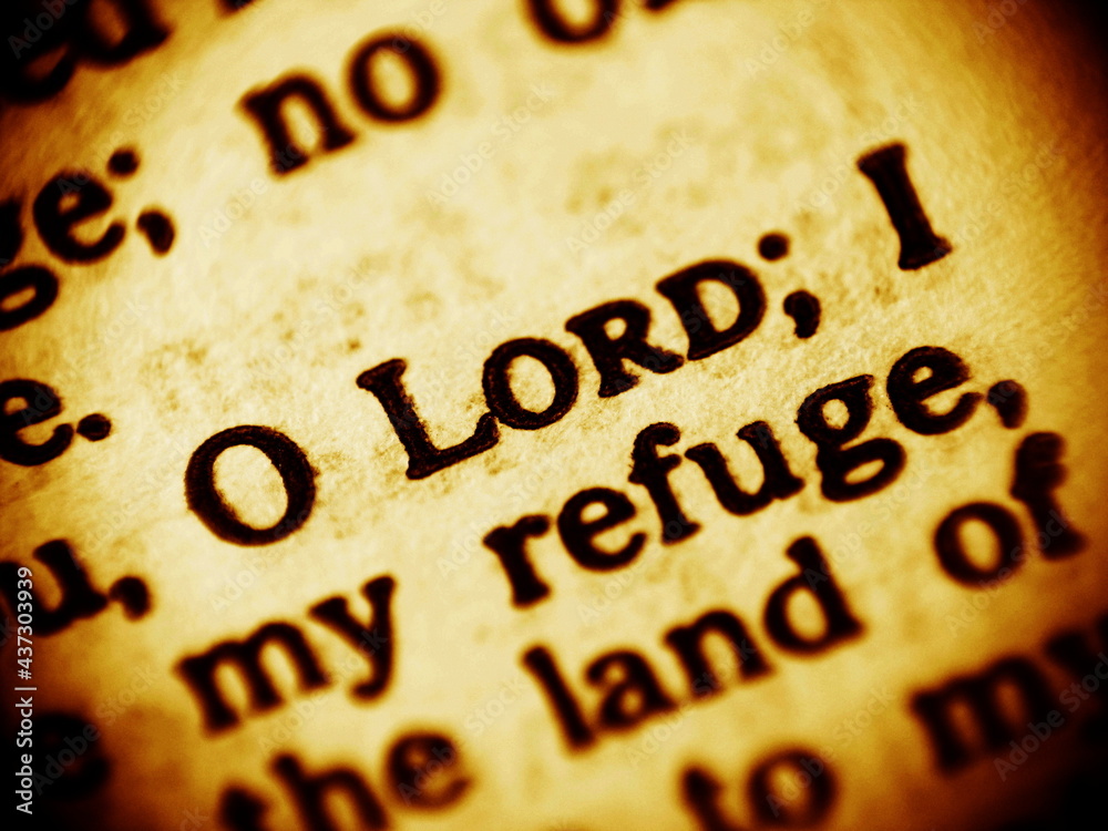 Close up photo of a Bible text focused on the words  "Lord is my refuge". Low depth of field - obrazy, fototapety, plakaty 