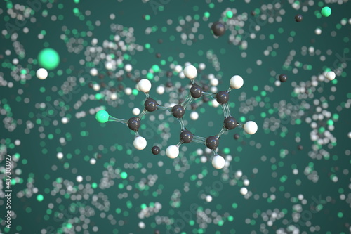 Chlorostyrene molecule made with balls, conceptual molecular model. Chemical 3d rendering