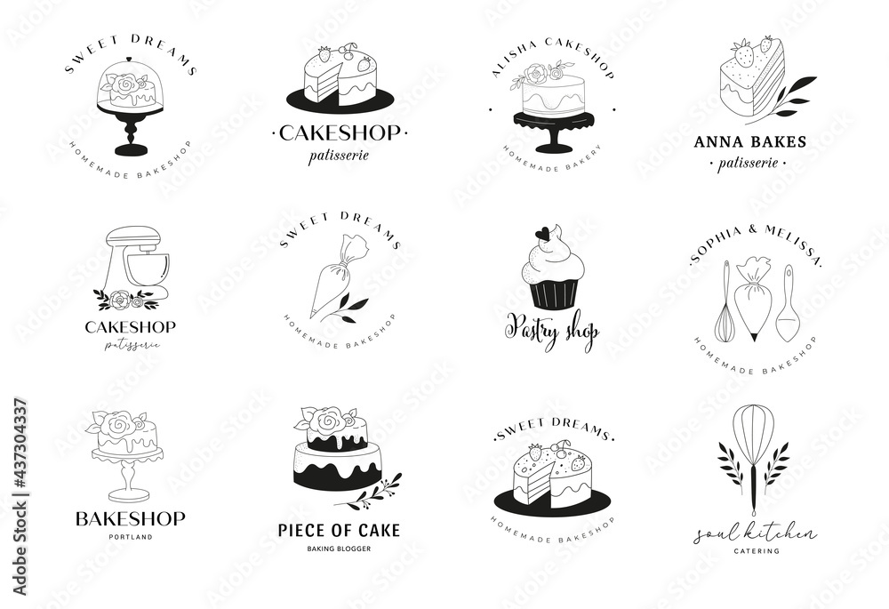Simple and elegant homemade bakery logo collection. Hand drawn modern style logos, pastry and bread shop vector and label design Simple and elegant homemade bakery logo collection. Hand drawn modern style logos, pastry and bread shop vector and label design