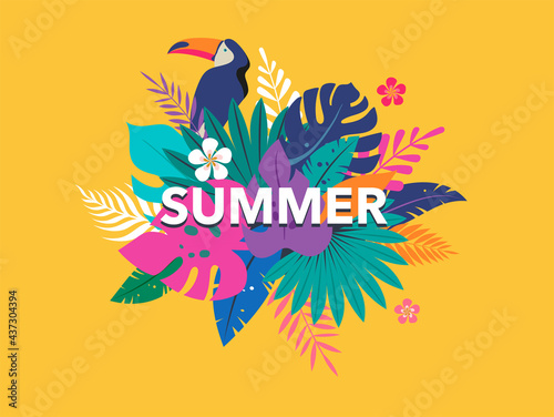 Summer time fun concept design. Creative background of landscape, panorama of jungle leaves and toucan. Summer sale, post template