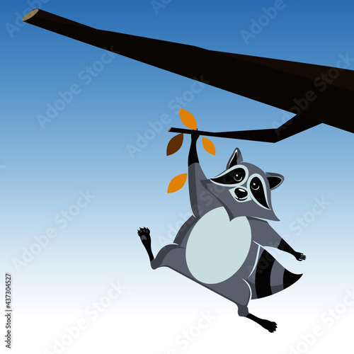 Illustration of a little raccoon climbing on the tree branch