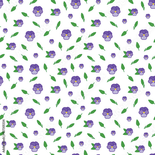 Seamless floral pattern with violet violas and purple pansies with green leaves.