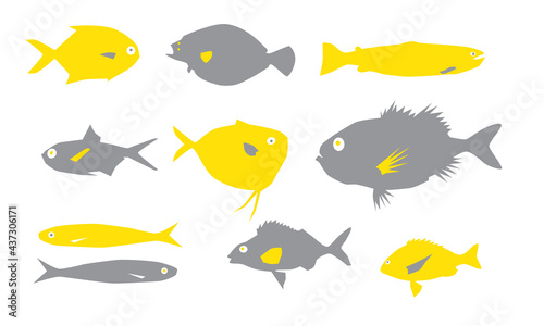 Vector images of fish in yellow-gray tones