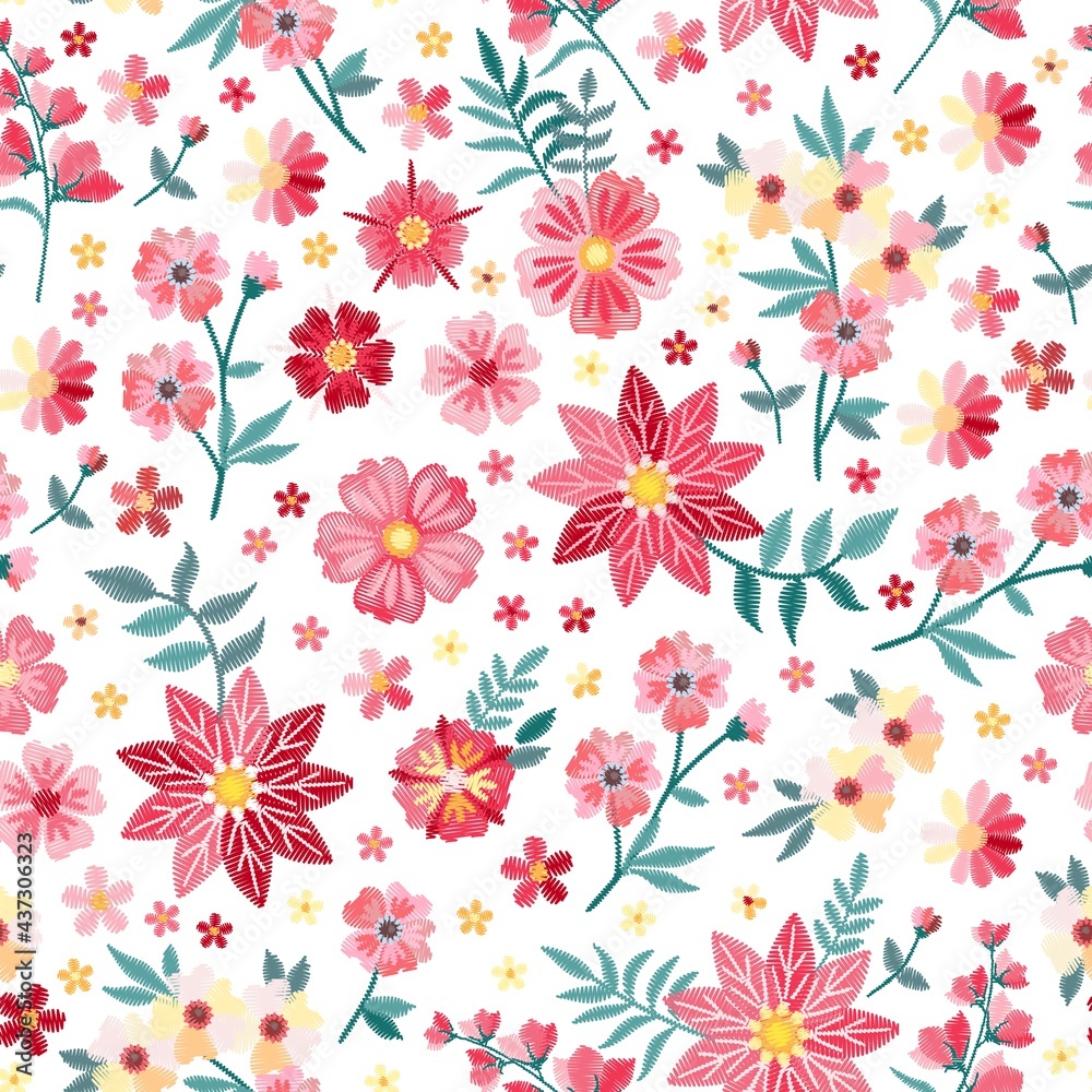 Ditsy seamless floral pattern in vector. Bright embroidery of flowers and leaves on white background. Print for fabric, paper, wallpaper, packaging design. Ditsy seamless floral pattern in vector. Bright embroidery of flowers and leaves on white background. Print for fabric, paper, wallpaper, packaging design.