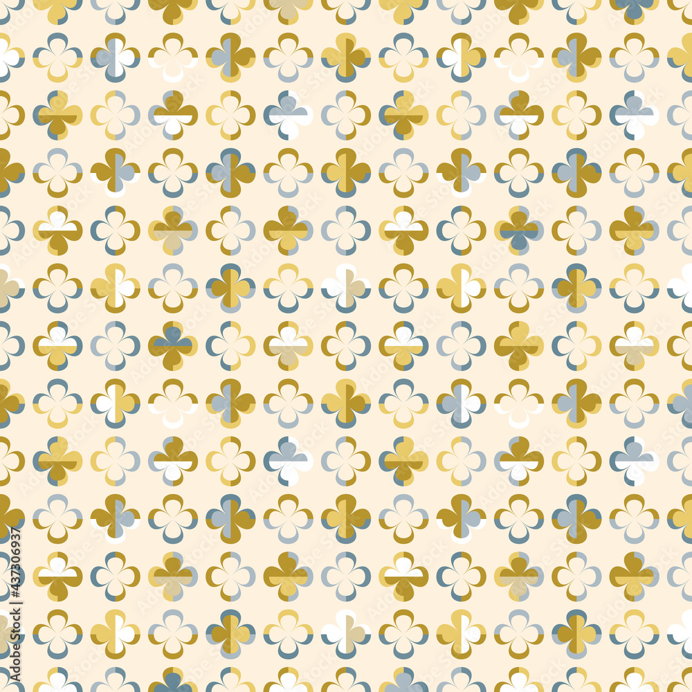 Modern vector abstract seamless pattern with stylised gold and blue layered flowers in retro style. Decorative geometric floral grid texture in vintage colour scheme for wallpaper and prints.