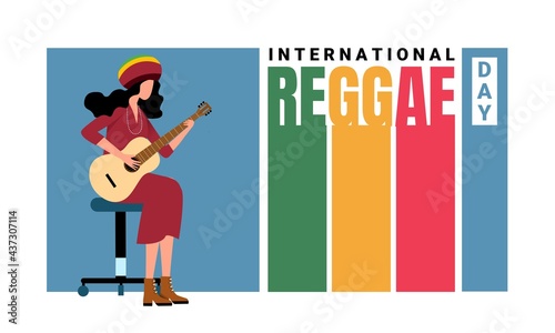 Vector illustration, jamaican girl playing acoustic guitar, on colorful background, as poster or template, International Reggae Day.