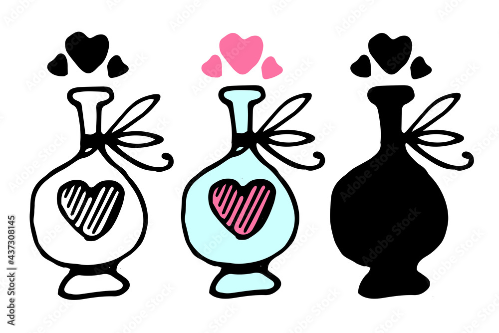 Vector set of blue bottle with pink heart with bow. Hand-drawn love potion bottle pattern with bow and pink hearts from the neck, black outline and silhouette on white background for design template, 