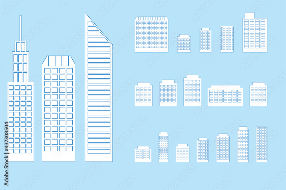 線画ラインアート　シンプルな都市ビル高層ビルタワーマンションのイラストセット