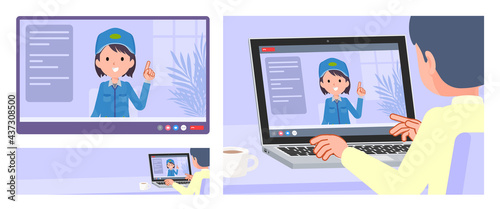 ビデオチャットをしている配送員女性のセット