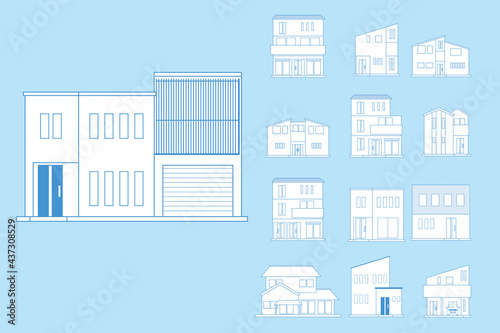 線画ラインアート　シンプルな一戸建て住宅家のイラストセット