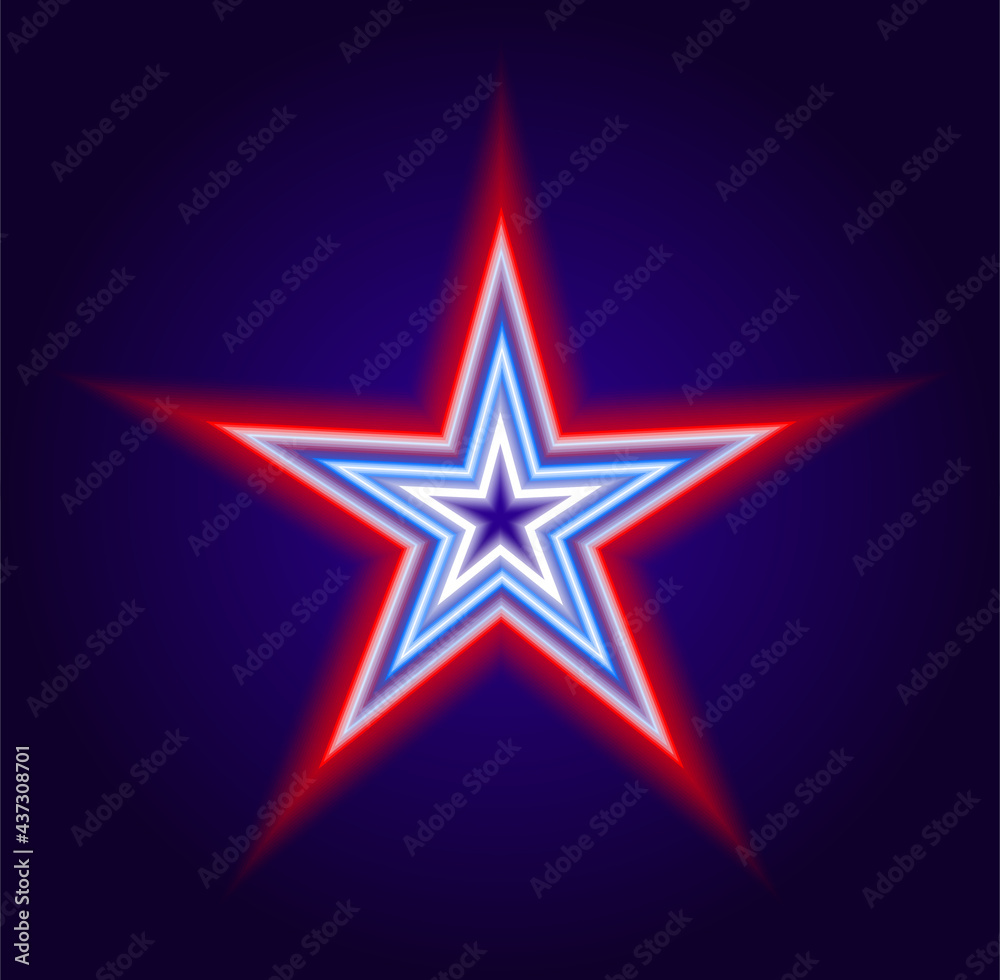 A vector neon star consisting of several lines of red, blue and white on a dark blue background. glowing multicolored isolated star on dark blue background for holiday design template A vector neon star consisting of several lines of red, blue and white on a dark blue background. glowing multicolored isolated star on dark blue background for holiday design template