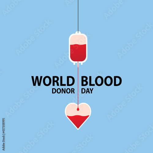 Donate Blood Concept Illustration for World Blood Donor Day. Banner with red bloody plastic container and sign. The heart of the recipient receiving the Blood transfusion isolated