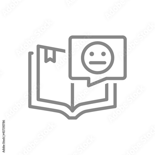 Open book with neutral face in speech bubble line icon. Unemotional review, negative feedback, online message symbol