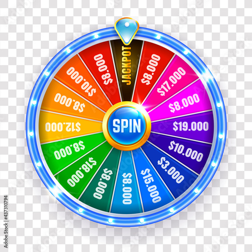 Wheel fortune isolated. Spinning fortune wheel, lucky roulette. Casino neon colorful. Vector illustration