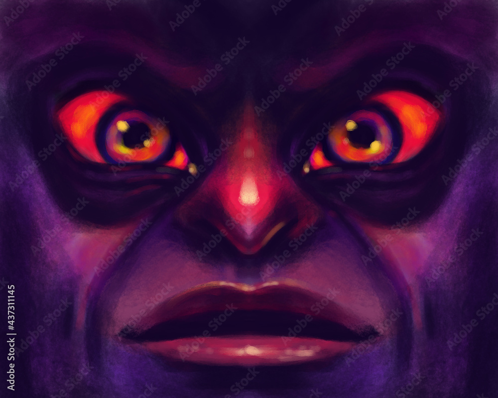 Portrait of a scary intimidating dark face with red eyes and gaze Portrait of a scary intimidating dark face with red eyes and gaze