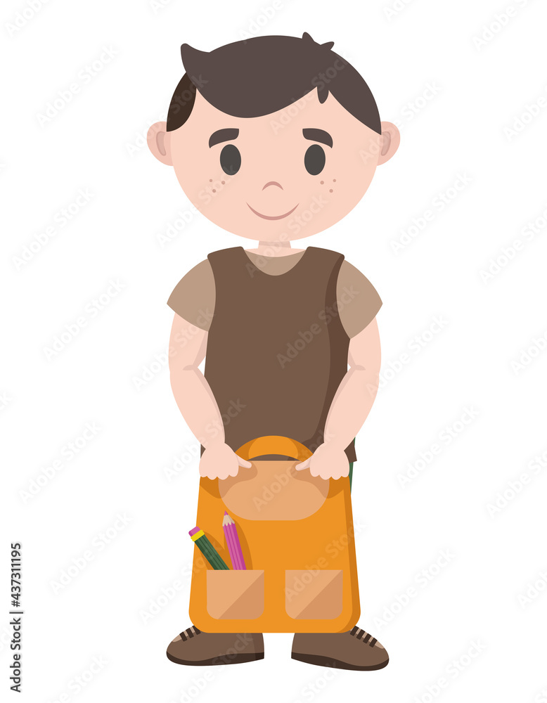 Schoolboy holding backpack. Pupil in cartoon style Schoolboy holding backpack. Pupil in cartoon style