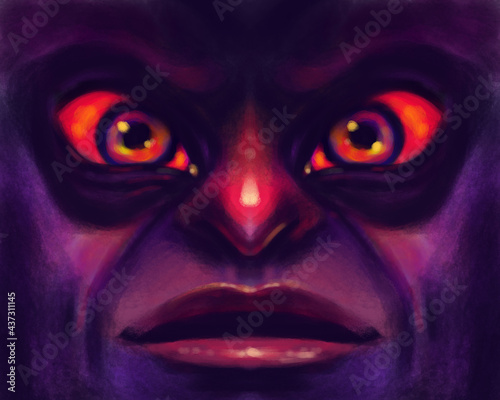 Portrait of a scary intimidating dark face with red eyes and gaze
