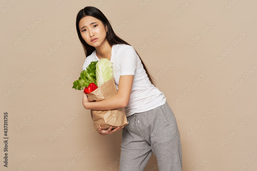 woman asian appearance food bag vegetables housewife woman asian appearance food bag vegetables housewife