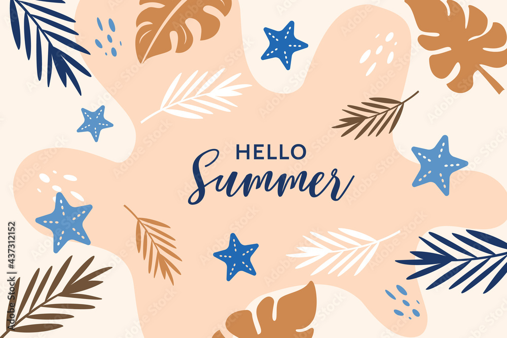 Hello summer banner tropical design of palm leaves and exotic plants and starfish. Hello summer banner tropical design of palm leaves and exotic plants and starfish.