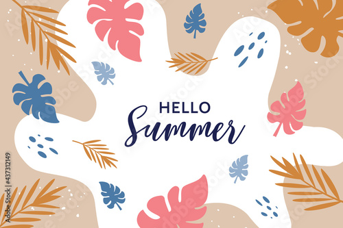 Hello summer banner with design of palm leaves and tropical plants.