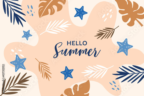 Hello summer banner tropical design of palm leaves and exotic plants and starfish.