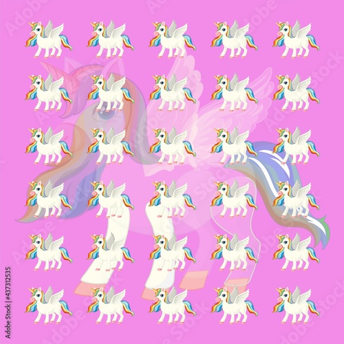 seamless pattern of white unicorns on purple background
