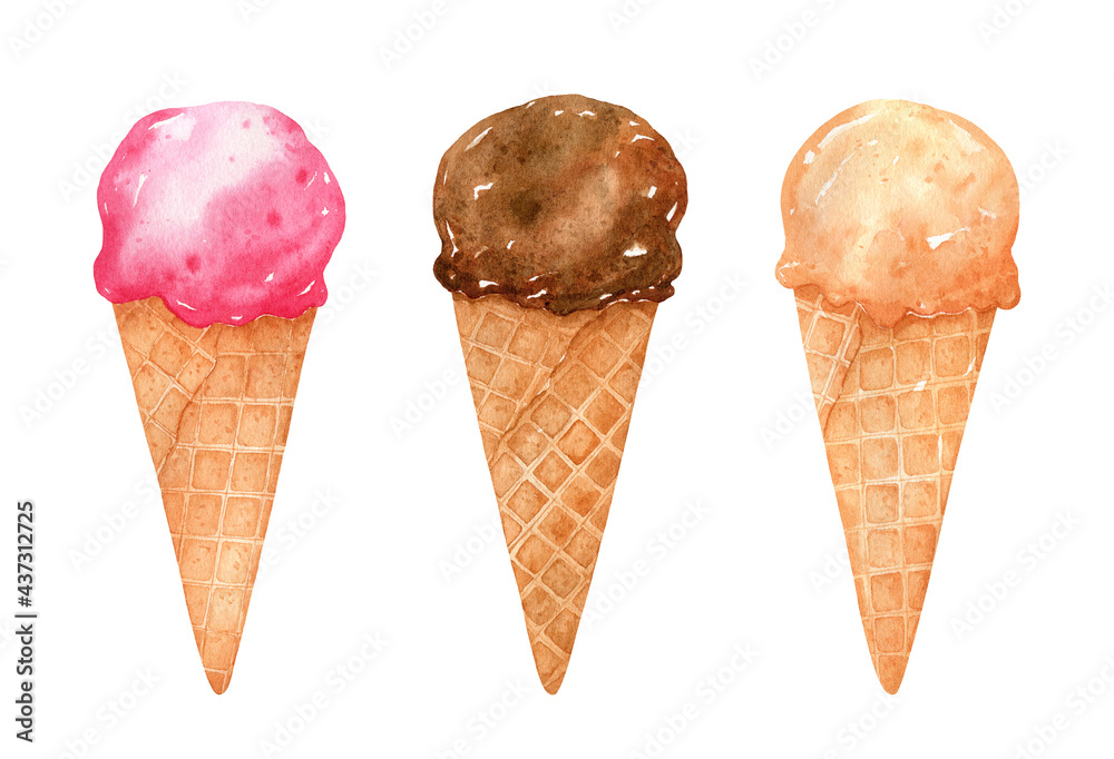 Set of ice creams in waffle cones with strawberry, chocolate and creme brulee flavors. Watercolor illustration isolated on white background. Perfect for cards, menu, prints, decorations, covers. .