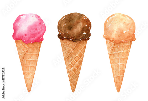 Set of ice creams in waffle cones with strawberry, chocolate and creme brulee flavors. Watercolor illustration isolated on white background. Perfect for cards, menu, prints, decorations, covers. .