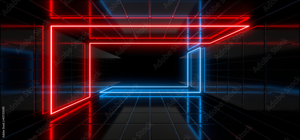 Sci Fy neon lamps in a dark corridor. Reflections on the floor and walls. 3d rendering image. Sci Fy neon lamps in a dark corridor. Reflections on the floor and walls. 3d rendering image.