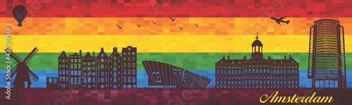 Amsterdam on LGBT flag background - illustration, 
Town in Rainbow background
