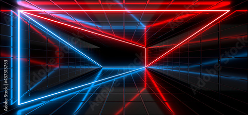 Sci Fy neon lamps in a dark corridor. Reflections on the floor and walls. 3d rendering image.
