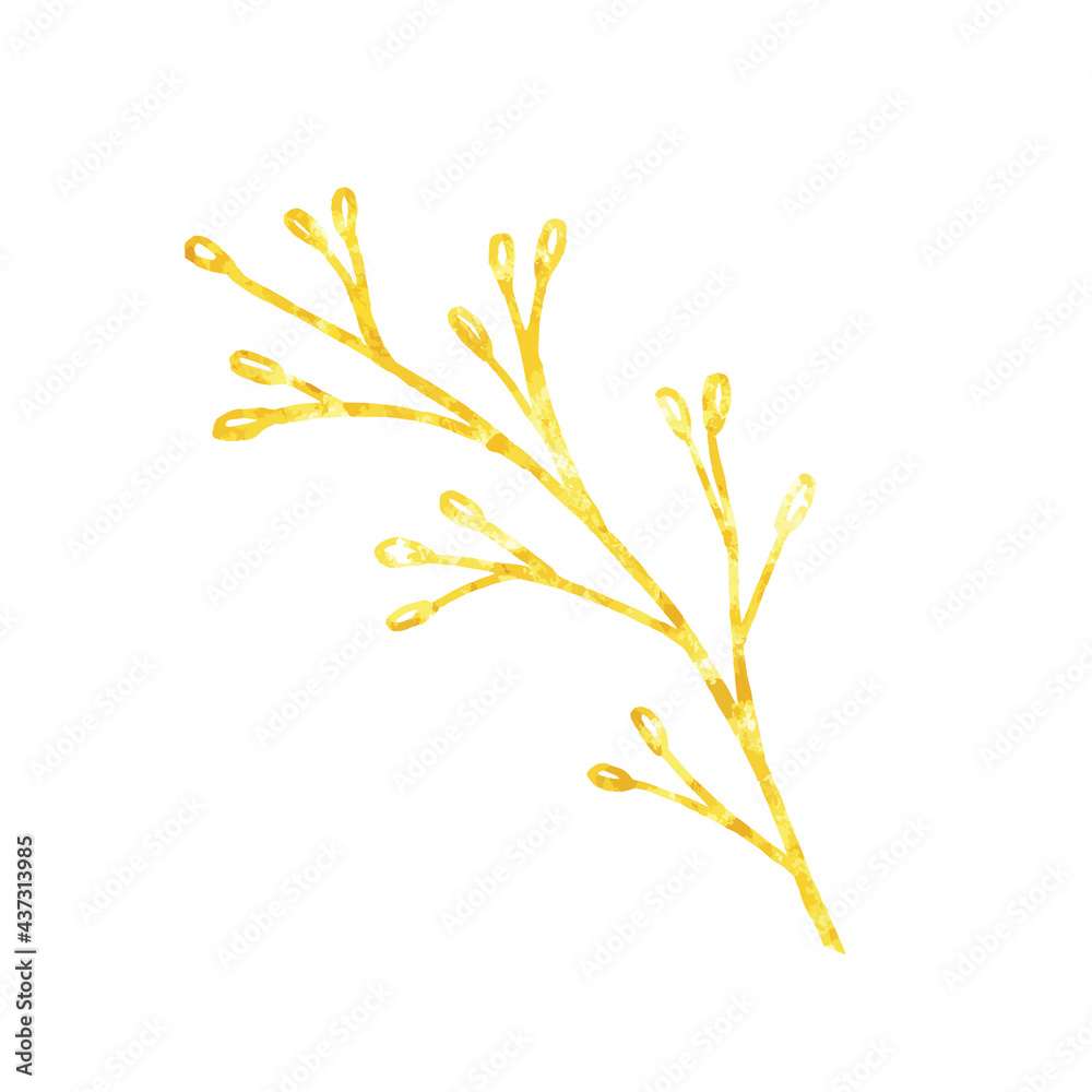 Gold branch, linear leaves and seeds. Hand painted isolated on white background. Vector.