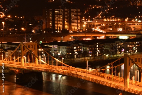 Night Traffic Light Trails Along the Allegheny River in Pittsburgh  Pennsylvania