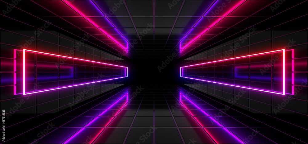 Obraz premium Sci Fy neon lamps in a dark corridor. Reflections on the floor and walls. 3d rendering image.