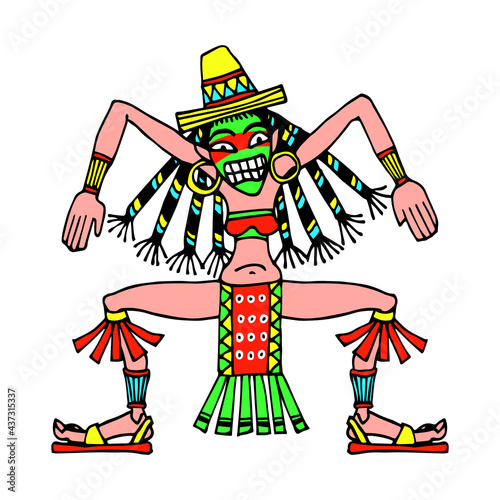 dancing shaman woman with mask, sombrero and pigtails, wild mexican girl, color vector illustration with black contour lines isolated on a white background in a hand drawn and cartoon style