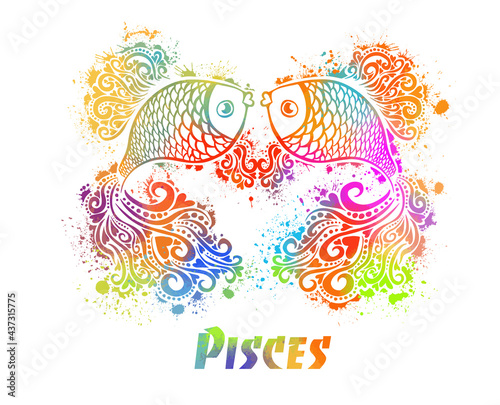 Sign of the zodiac multicolored pisces. T-shirt printing. Mixed media. Vector illustration